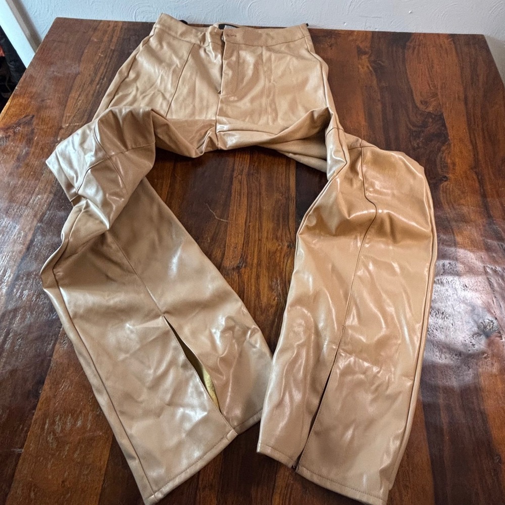 Missguided Tan Faux Leather Fleece Lined Split Hem Pants Mens US 8 UK 12 EUR 40